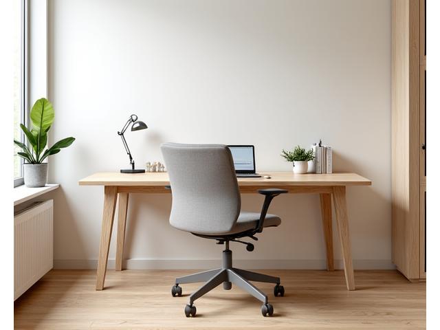 Bureau en bois massif avec chaise ergonomique dans un espace de travail lumineux