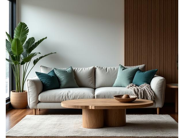Canapé élégant et table basse rustique dans un salon moderne