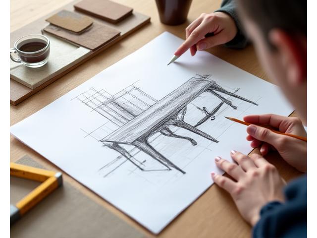 Croquis de designer industriel travaillant sur un plan de meuble unique, avec des échantillons de matériaux